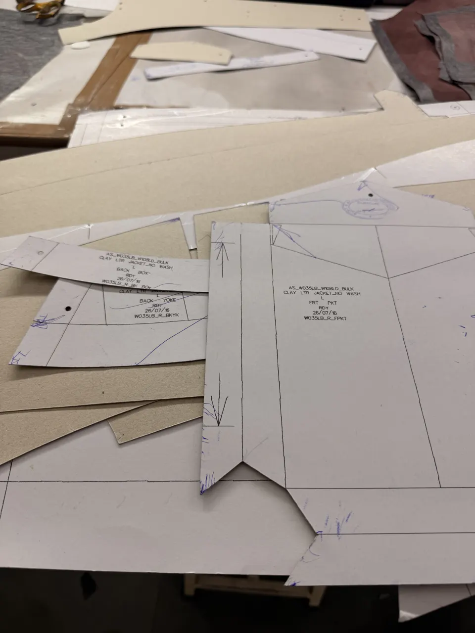 Hide Fashion paper pattern pieces laid out on the development worktable.