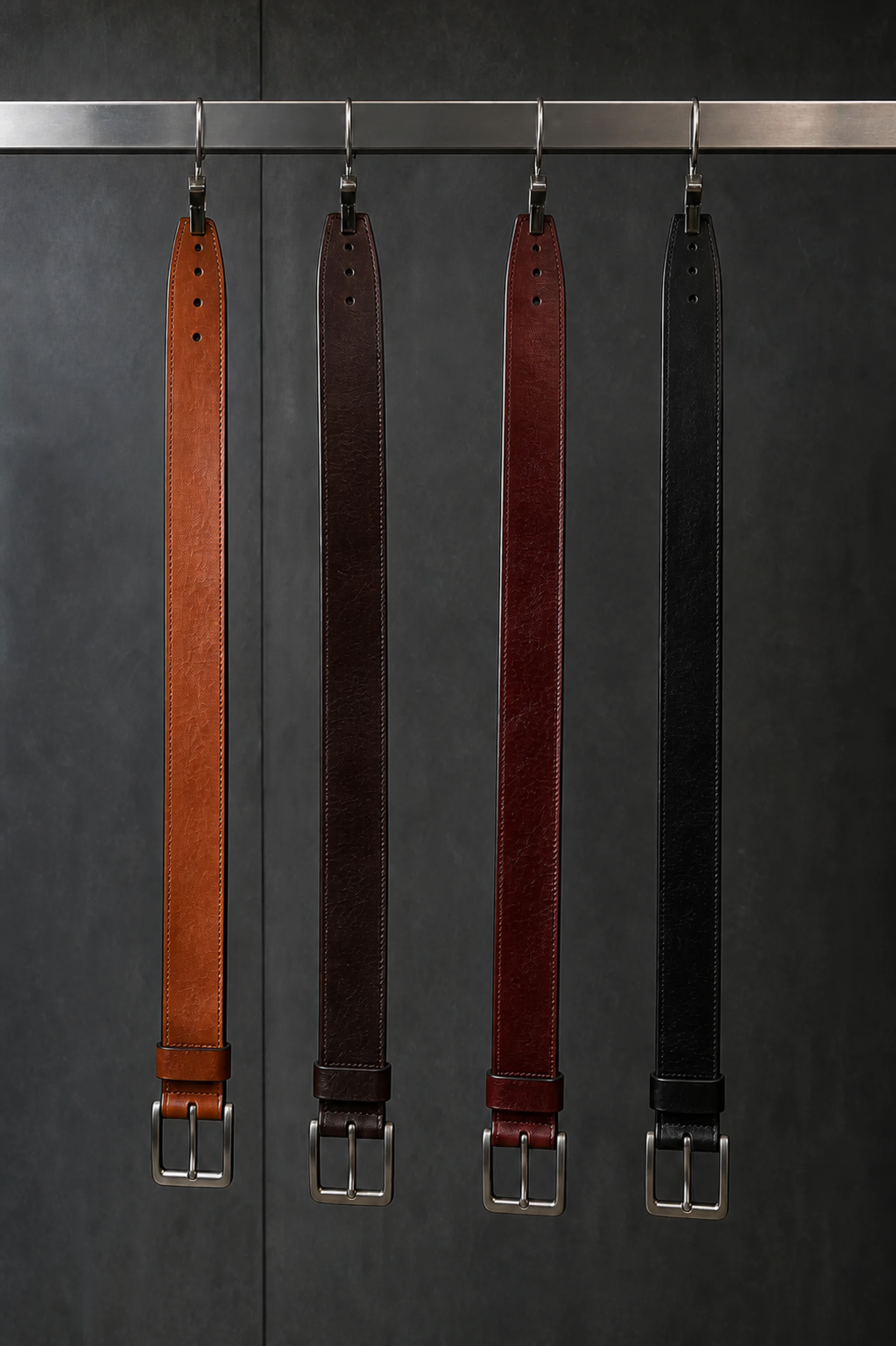 Finished leather belt samples presented for buyer review at Hide Fashion