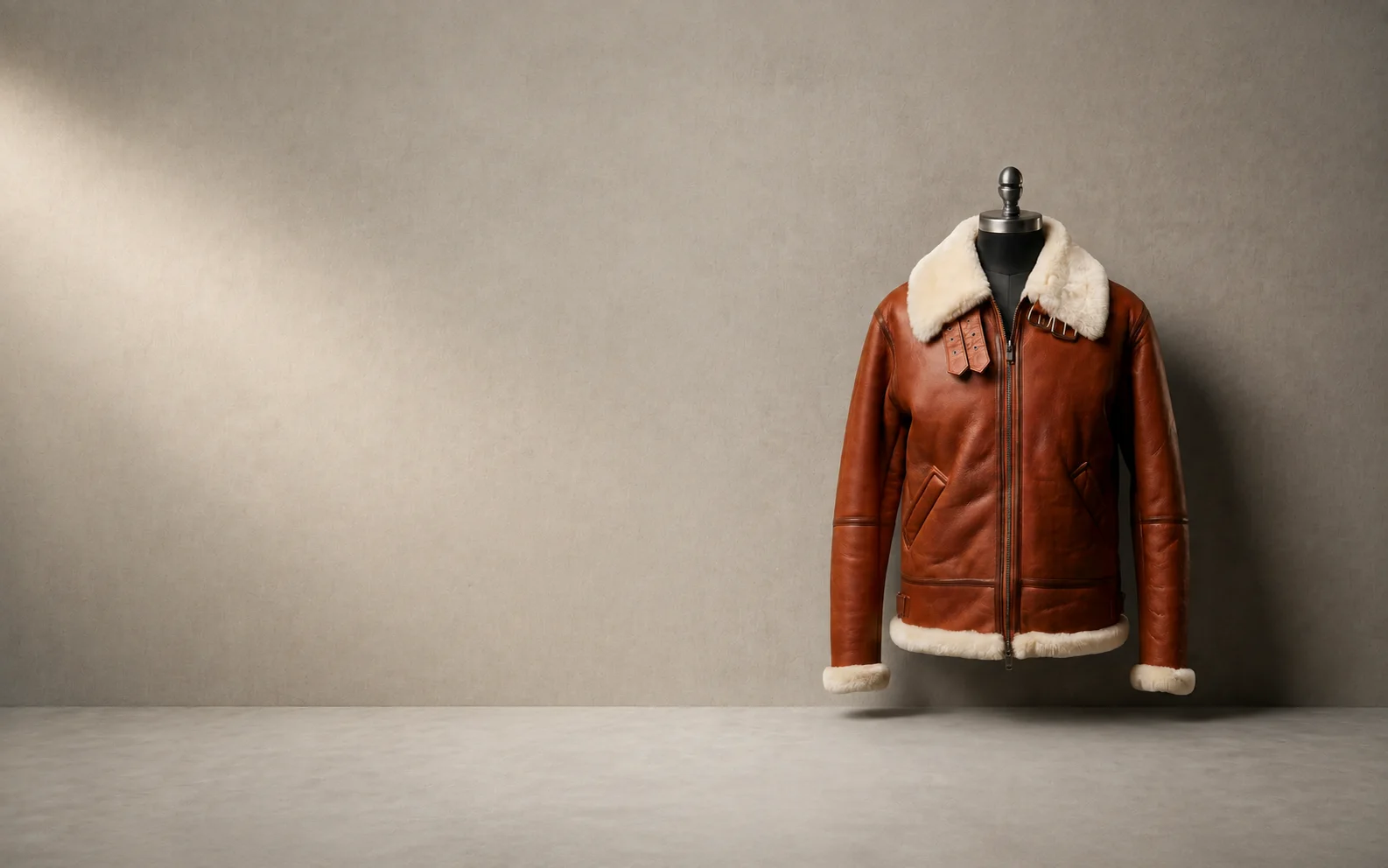 Cognac leather shearling jacket on a dress form against a warm grey backdrop.