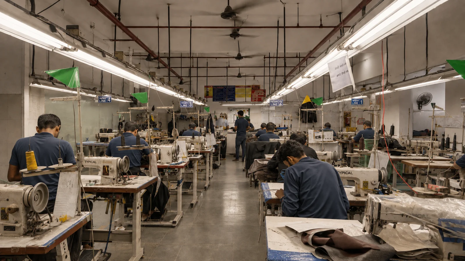 Operators in navy uniforms working at rows of sewing stations.