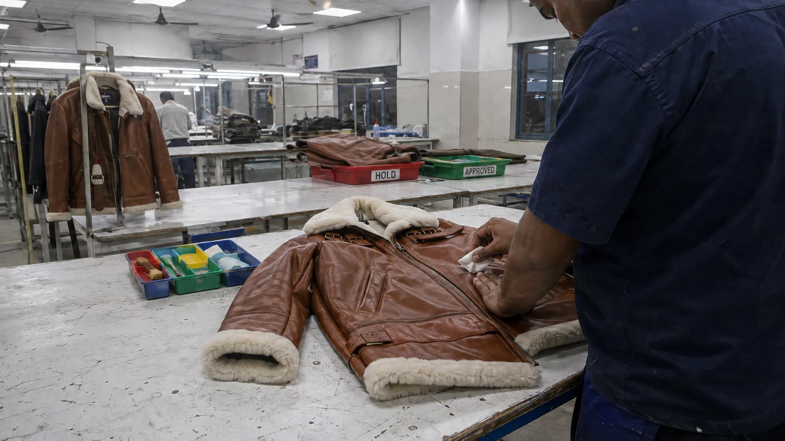 A finisher in a navy uniform inspecting a shearling leather jacket on a worktable.