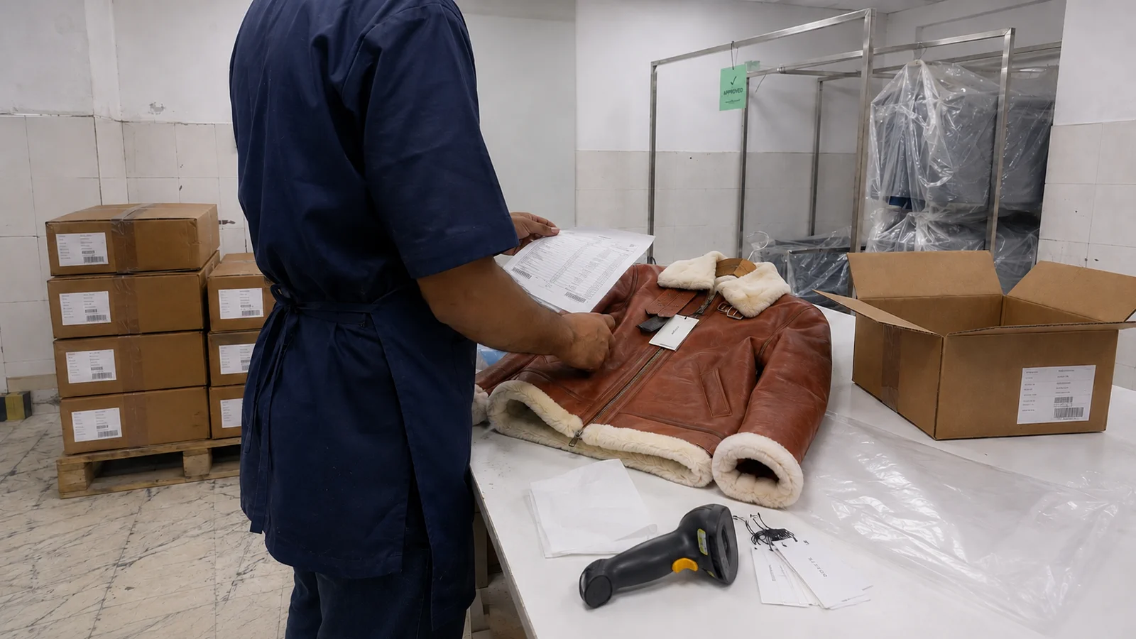 A packer in a navy uniform preparing a checked jacket beside labelled cartons.