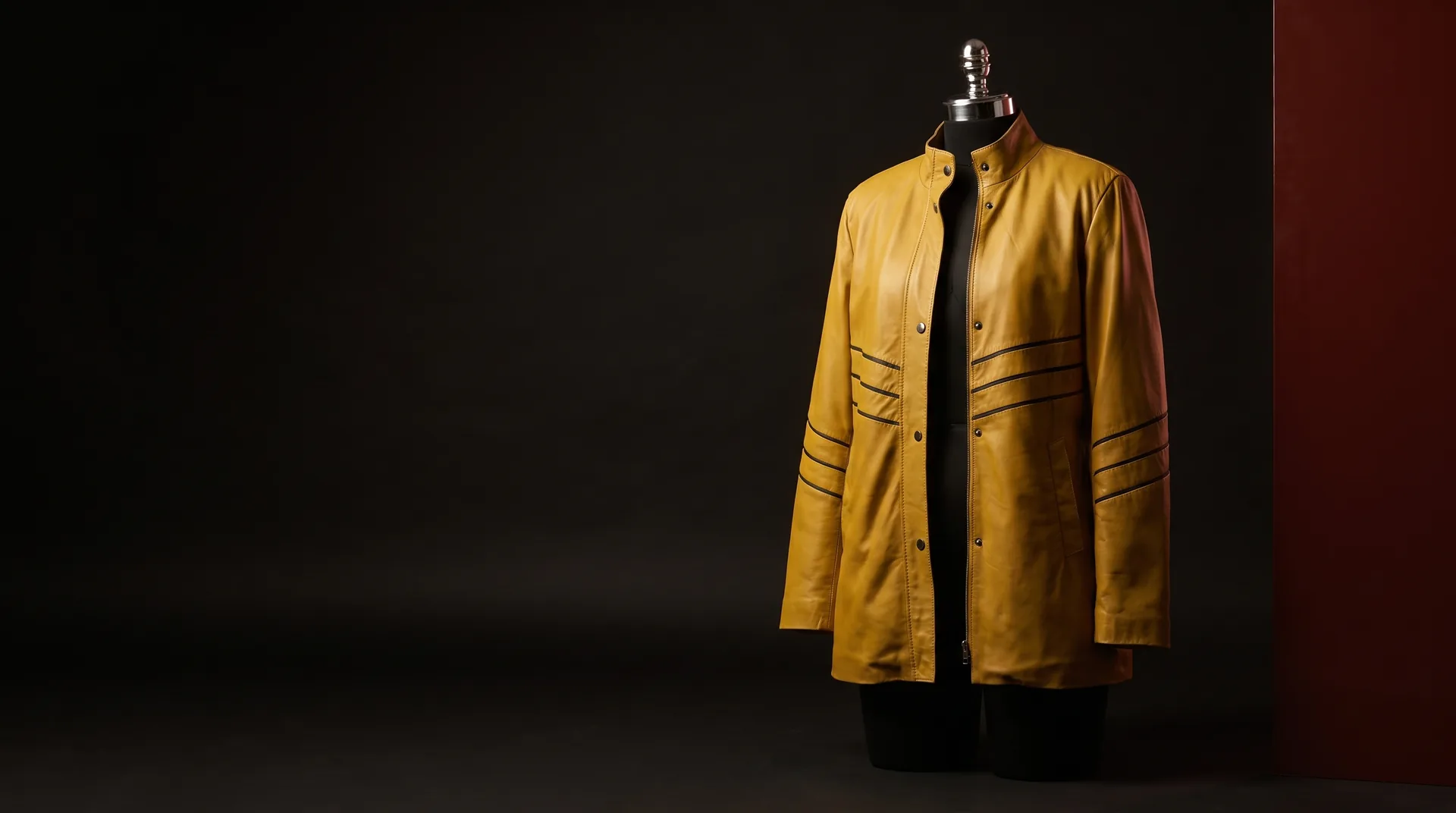Hide Fashion Mustard Yellow Panelled Stand-Collar Leather Coat, a factory-developed style photographed in the studio