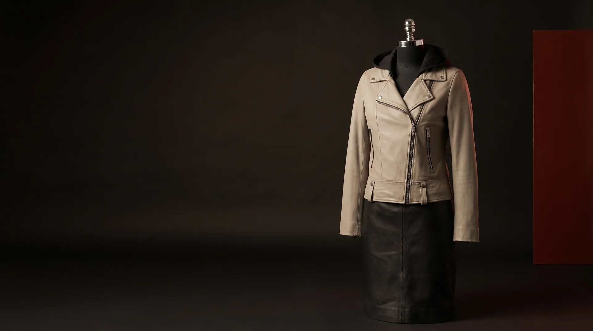 Hide Fashion Off-White Asymmetric-Zip Leather Biker Jacket, a factory-developed style photographed in the studio