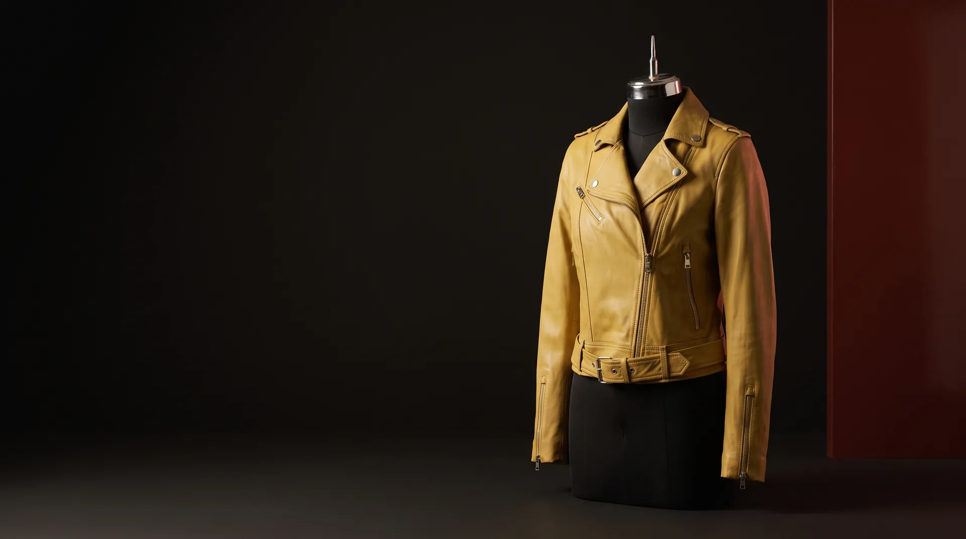 Hide Fashion Yellow Cropped Leather Biker Jacket, a factory-developed style photographed in the studio