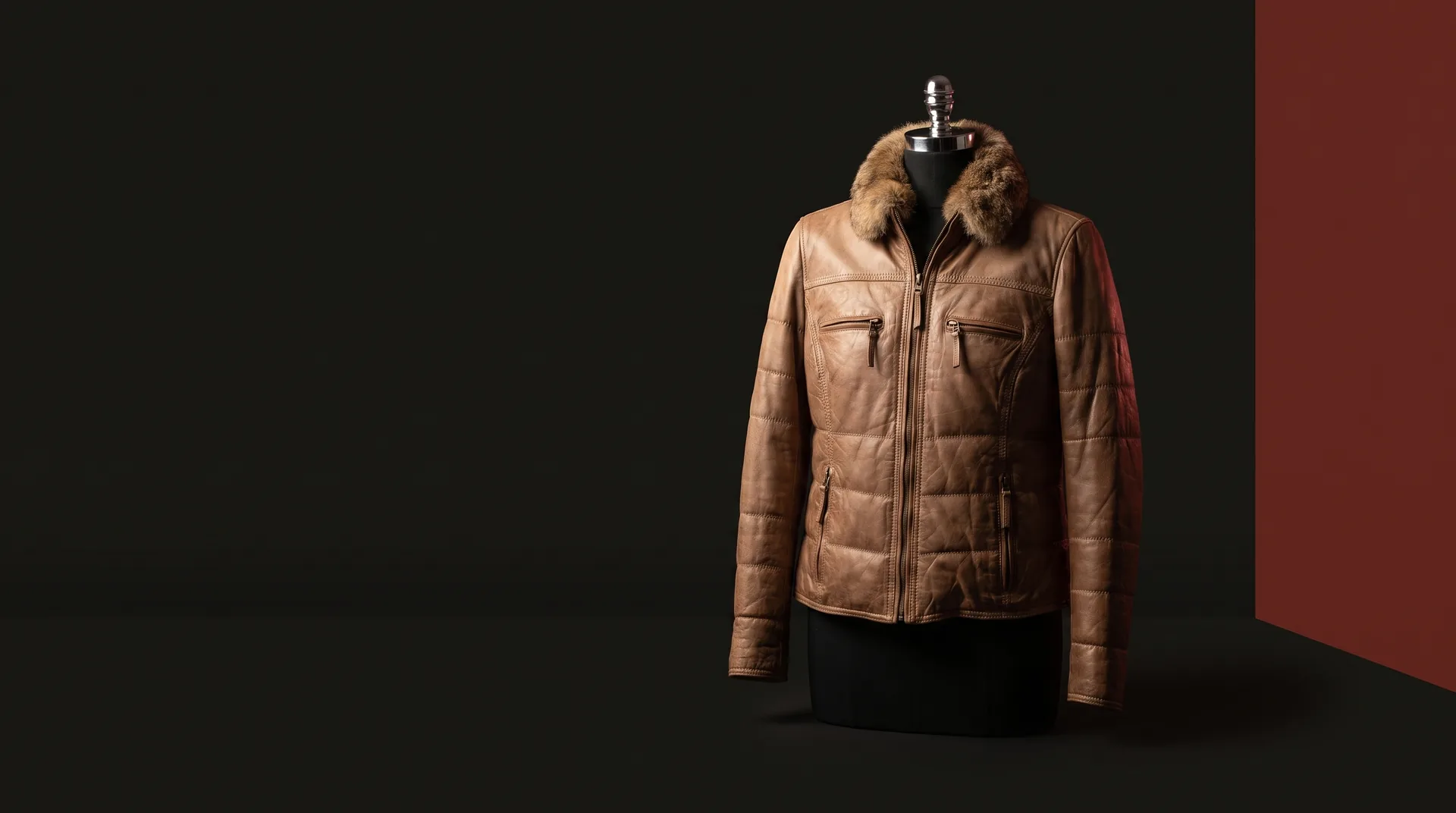 Hide Fashion Taupe Shearling-Collar Quilted Leather Jacket, a factory-developed style photographed in the studio