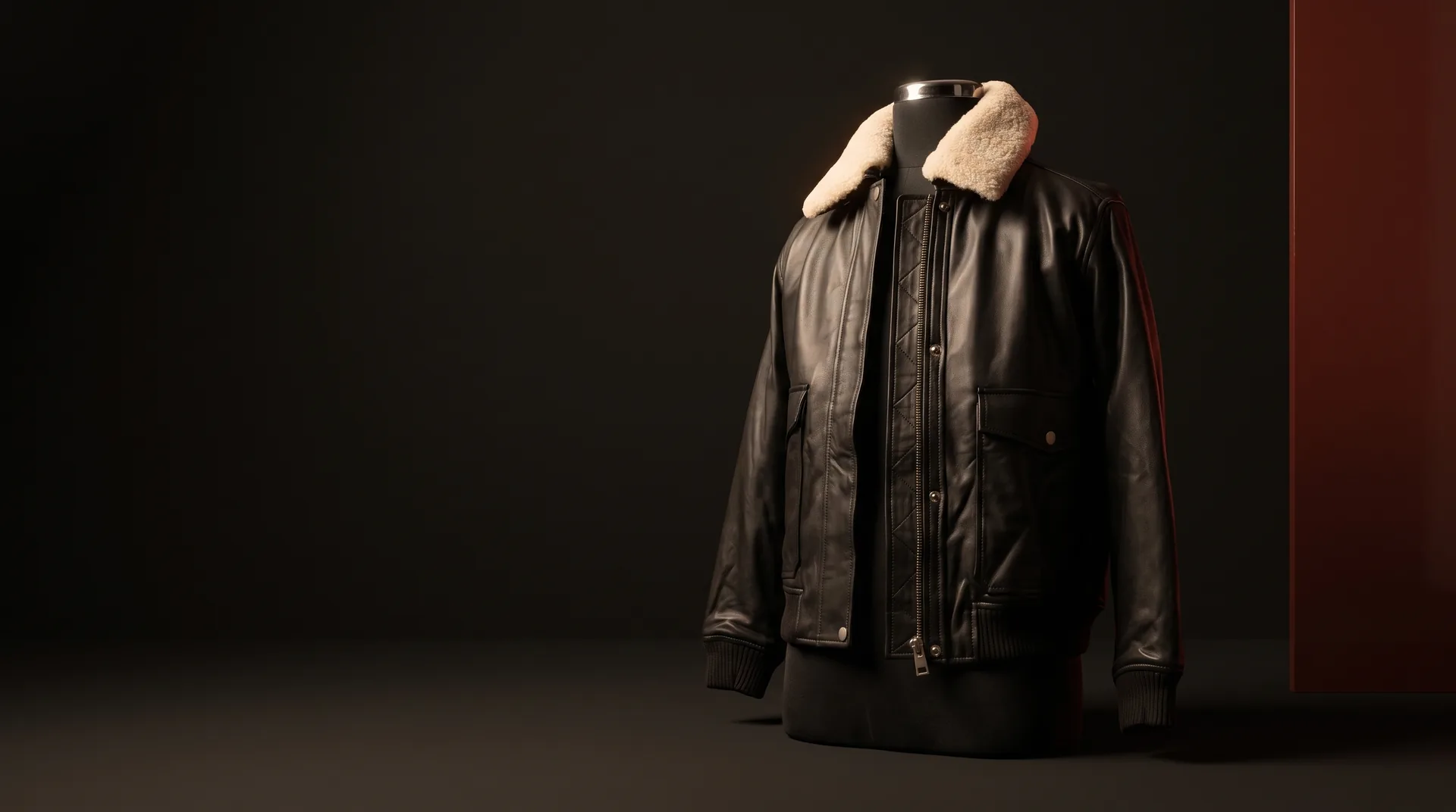 Hide Fashion black shearling-collar leather flight jacket, a factory-developed style photographed in the studio