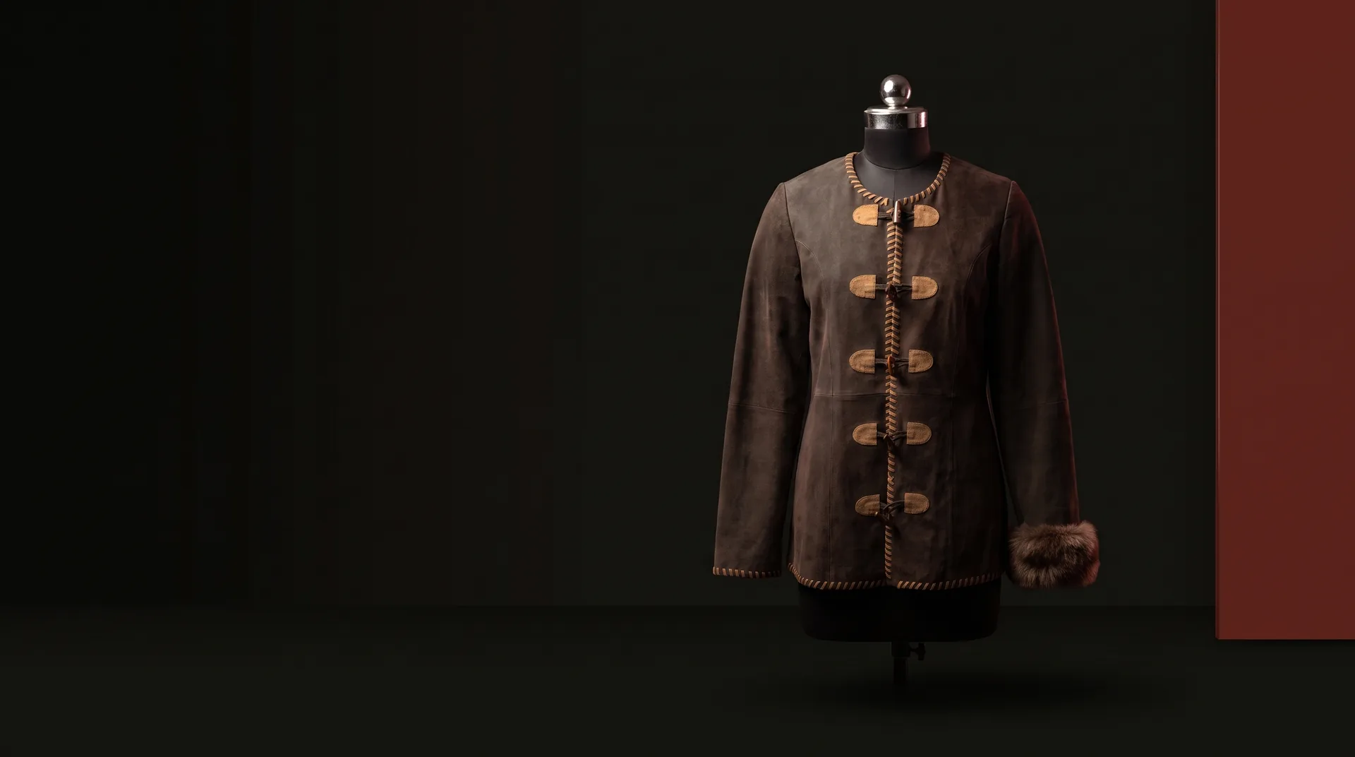 Hide Fashion Brown Suede Toggle-Front Embroidered Coat, a factory-developed style photographed in the studio
