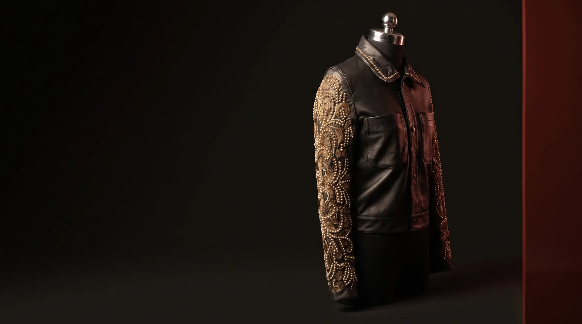Hide Fashion Black Leather Beaded-Sleeve Embellished Biker Jacket, a factory-developed style photographed in the studio