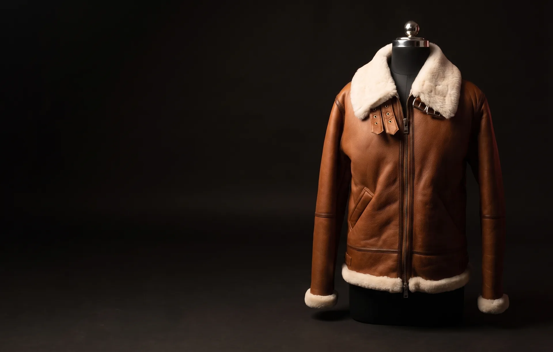 Hide Fashion tan shearling-lined aviator jacket, style HF-AUT26-101-015, photographed in the studio.