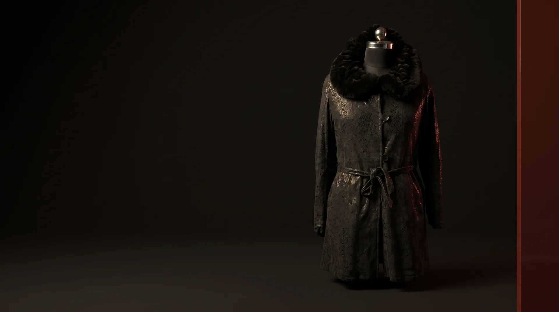 Hide Fashion Charcoal Embossed Suede Fur-Collar Belted Coat, a factory-developed style photographed in the studio