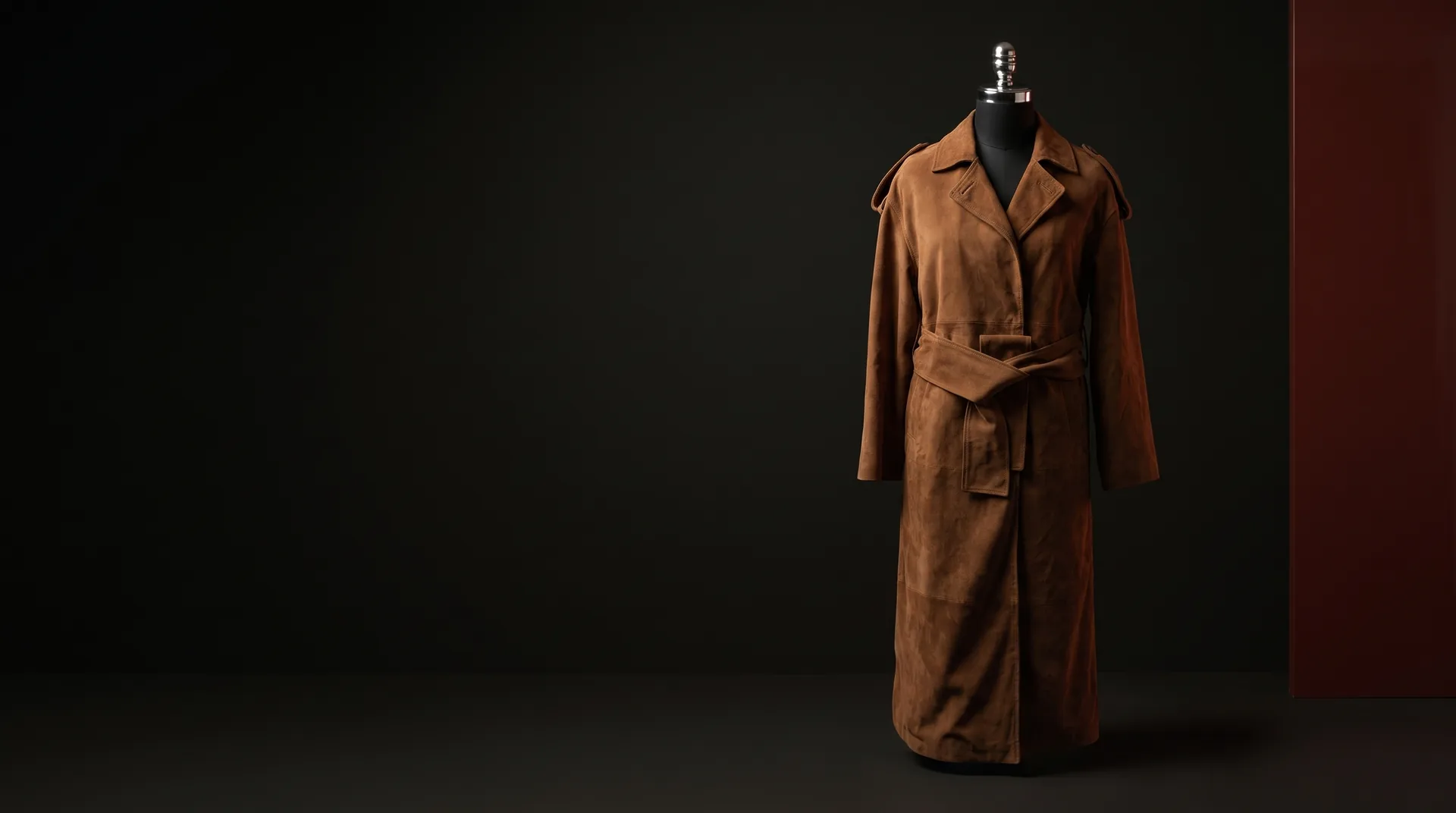 Hide Fashion Brown Suede Belted Trench Coat, a factory-developed style photographed in the studio