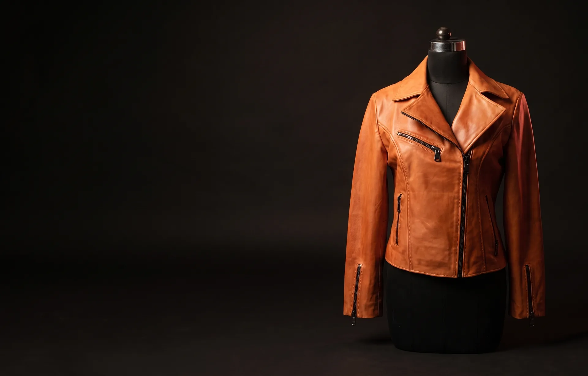 Hide Fashion cognac leather biker jacket, style HF-AUT26-101-026, a factory-developed style photographed in the studio.