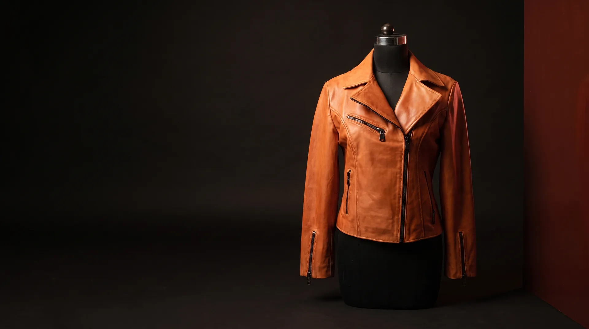 Hide Fashion Cognac Leather Biker Jacket, a factory-developed style photographed in the studio
