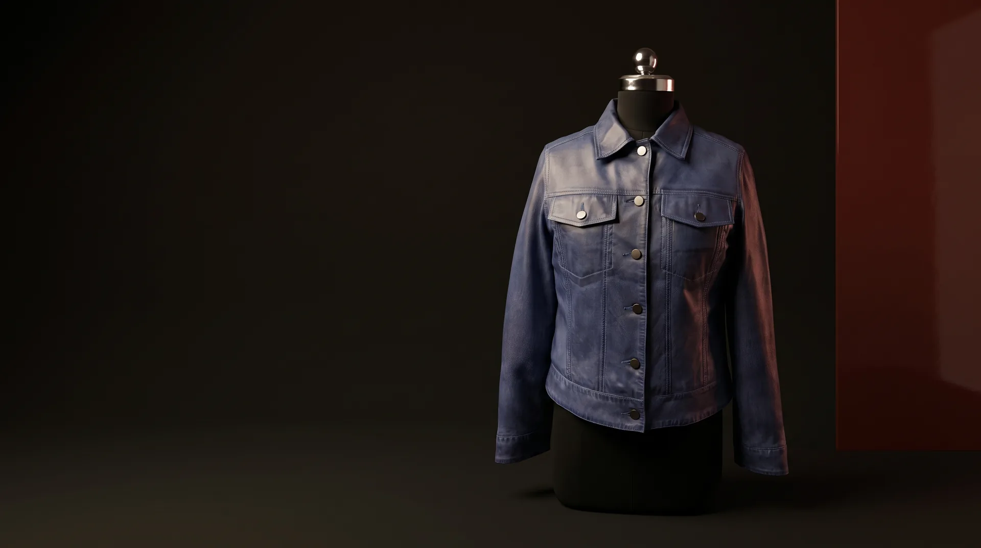 Hide Fashion Blue Leather Trucker Jacket, a factory-developed style photographed in the studio