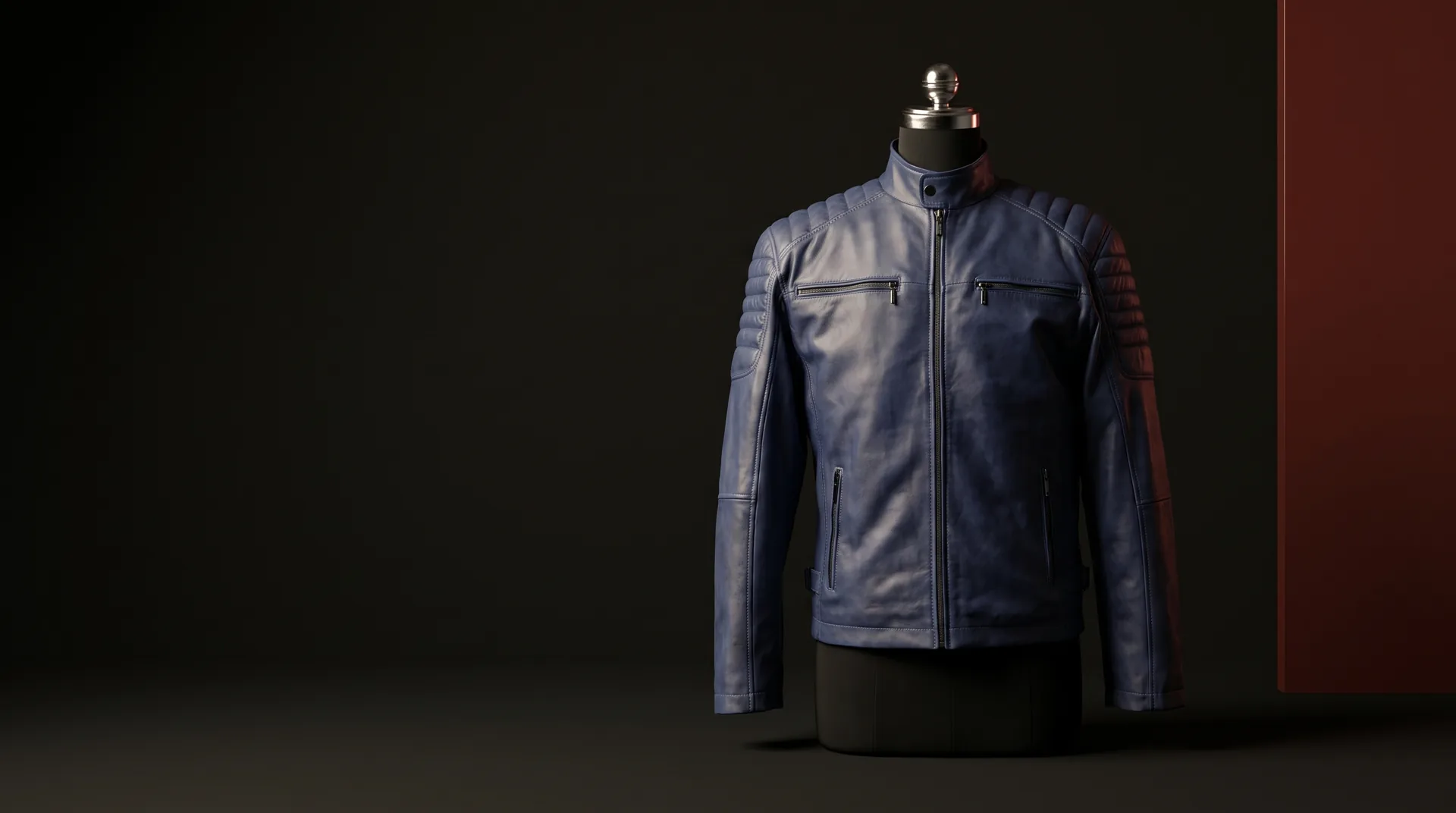 Hide Fashion Blue Quilted-Shoulder Leather Biker Jacket, a factory-developed style photographed in the studio