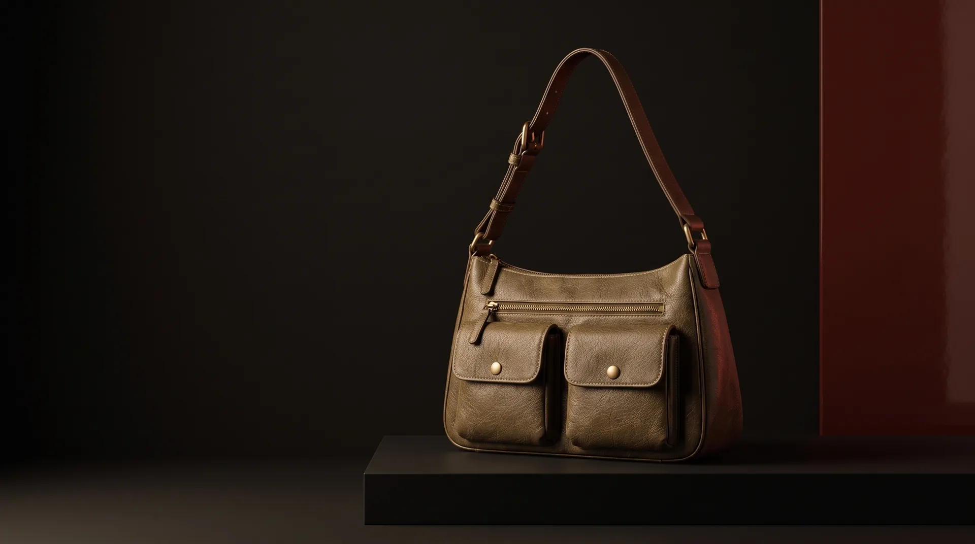 Hide Fashion Olive Brown Multi-Pocket Utility Shoulder Bag, a factory-developed style photographed in the studio