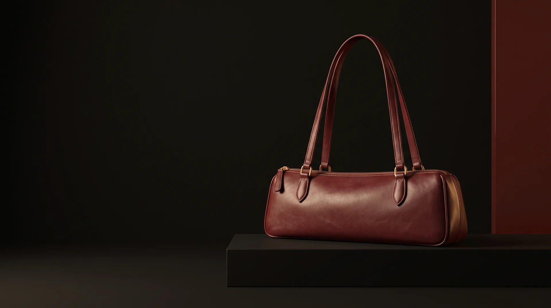 Hide Fashion Burgundy East-West Barrel Shoulder Bag, a factory-developed style photographed in the studio