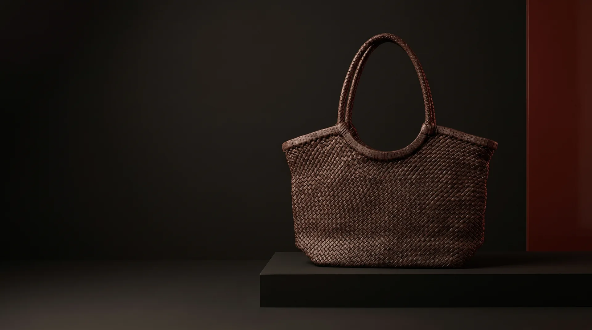 Hide Fashion Dark Brown Woven Leather Basket Tote, a factory-developed style photographed in the studio