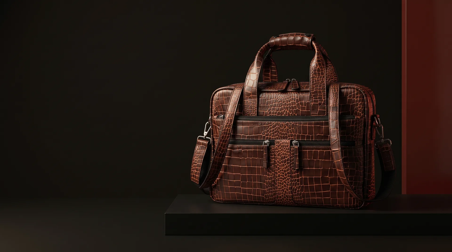 Hide Fashion Brown Croc-Embossed Laptop Briefcase, a factory-developed style photographed in the studio