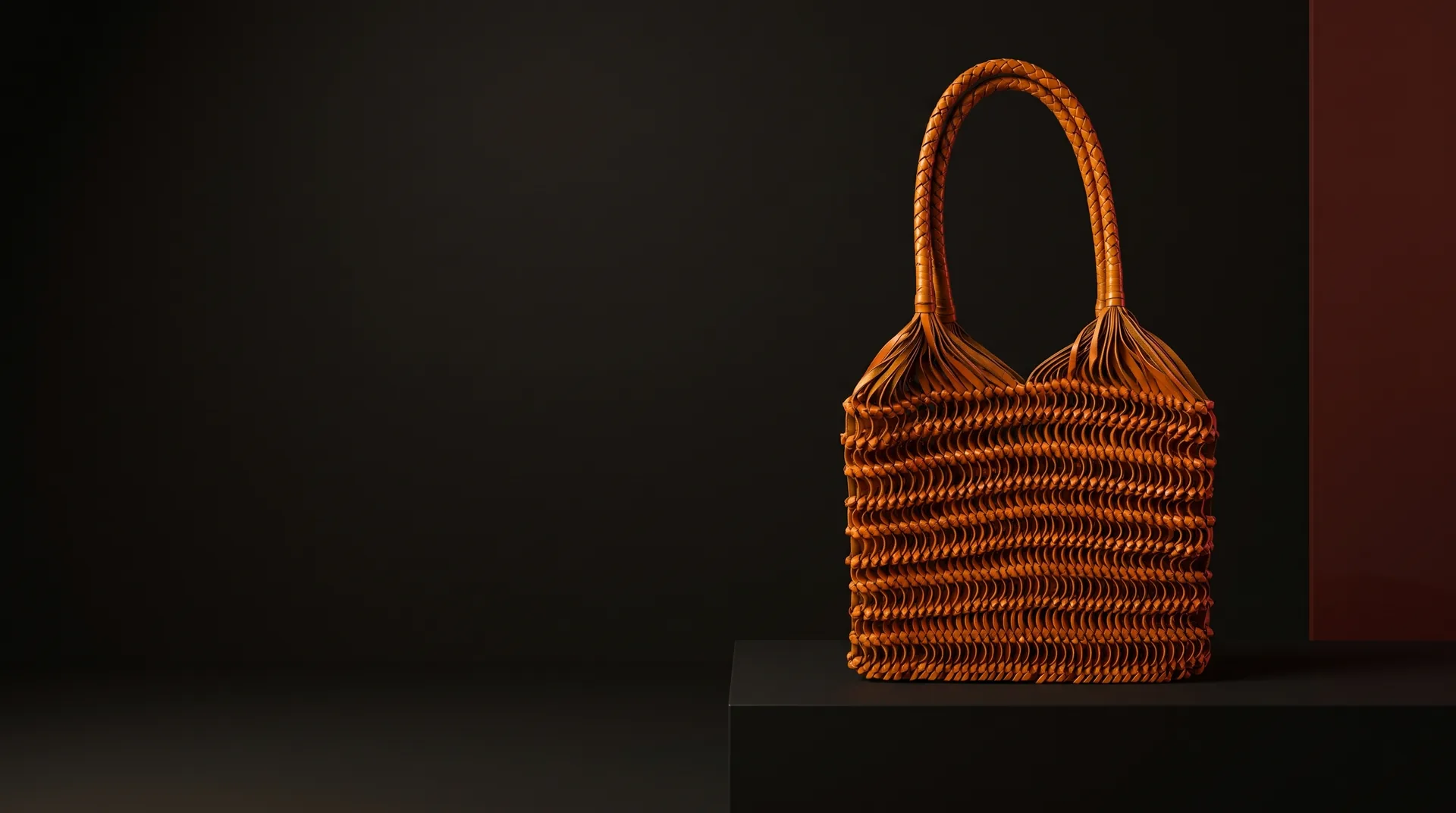 Hide Fashion Tan Woven Leather Fringe-Top Net Tote, a factory-developed style photographed in the studio